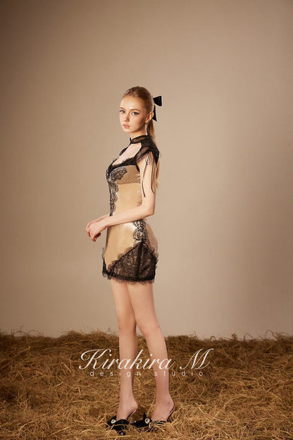 KiraKira M. K121151 &quot;Wonderlust&quot; Nude velvet with black lace dress