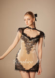 KiraKira M. K121151 "Wonderlust" Nude velvet with black lace dress