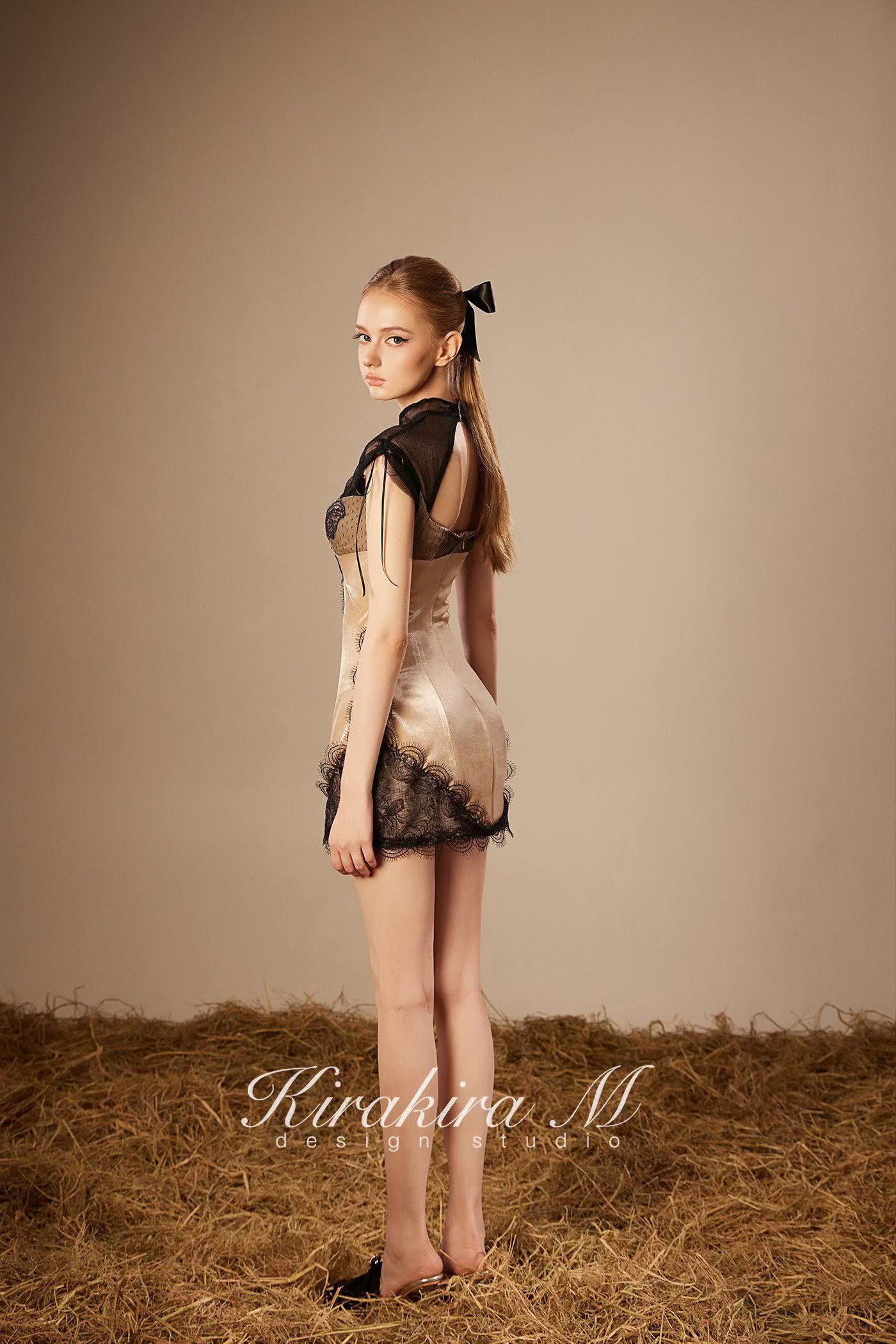 KiraKira M. K121151 &quot;Wonderlust&quot; Nude velvet with black lace dress