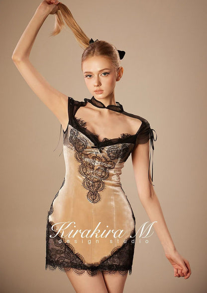 KiraKira M. K121151 &quot;Wonderlust&quot; Nude velvet with black lace dress