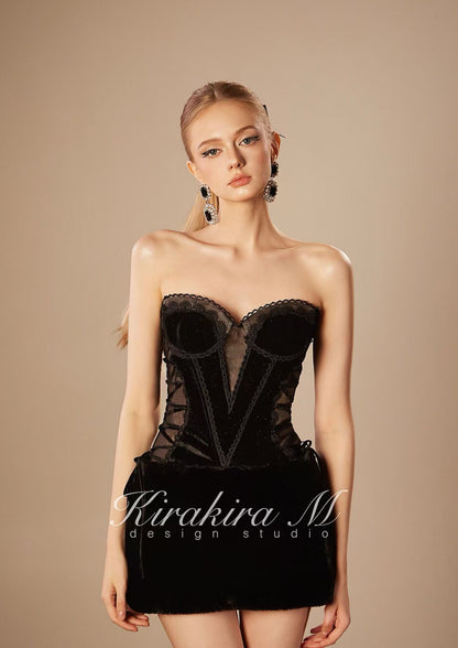 Kirakira.M K121145 &quot;Wonderlust&quot; Black velvet hairy strap dress