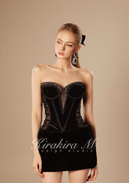 Kirakira.M K121145 &quot;Wonderlust&quot; Black velvet hairy strap dress