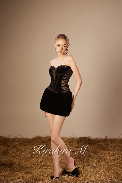 Kirakira.M K121145 &quot;Wonderlust&quot; Black velvet hairy strap dress