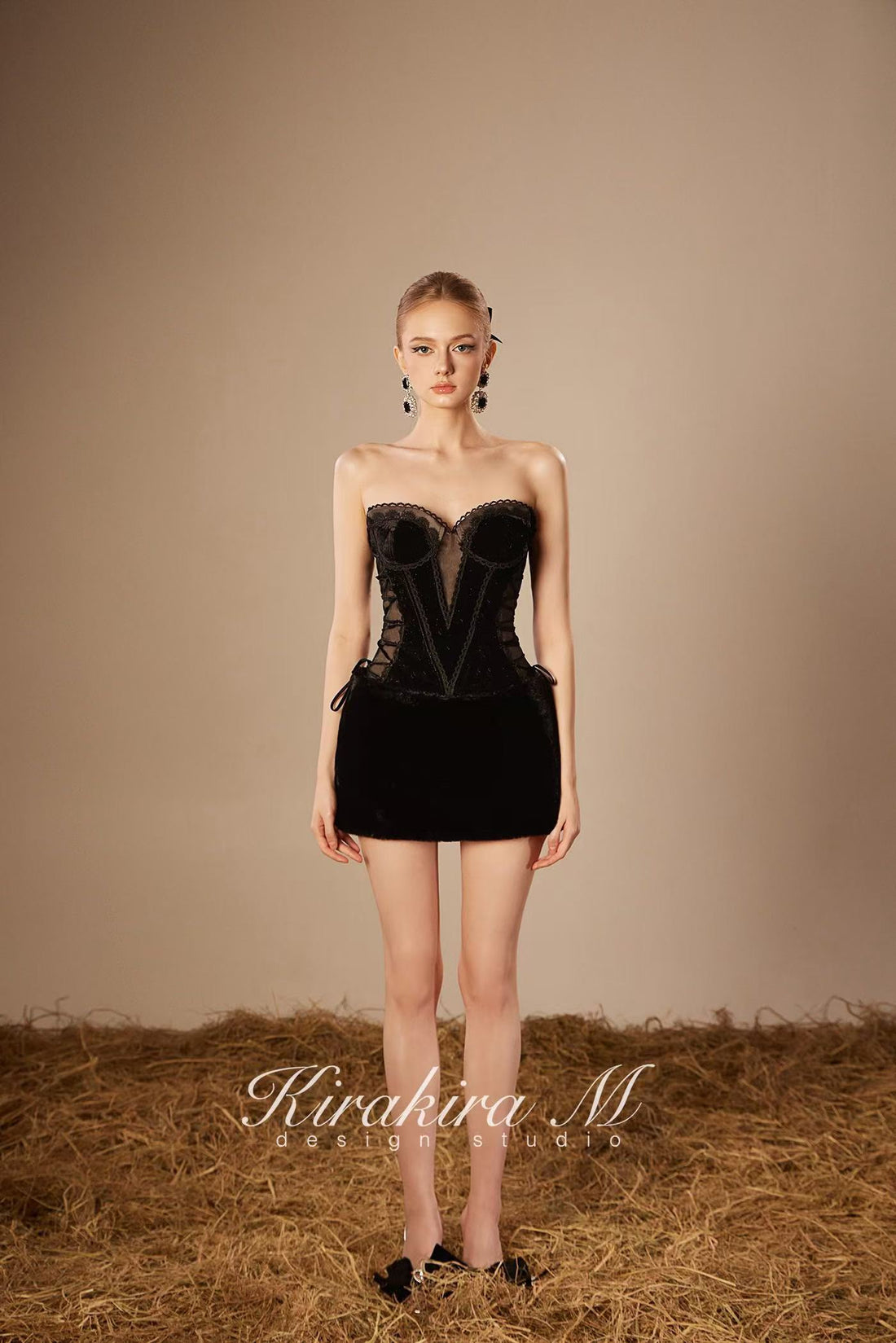 Kirakira.M K121145 "Wonderlust" Black velvet hairy strap dress
