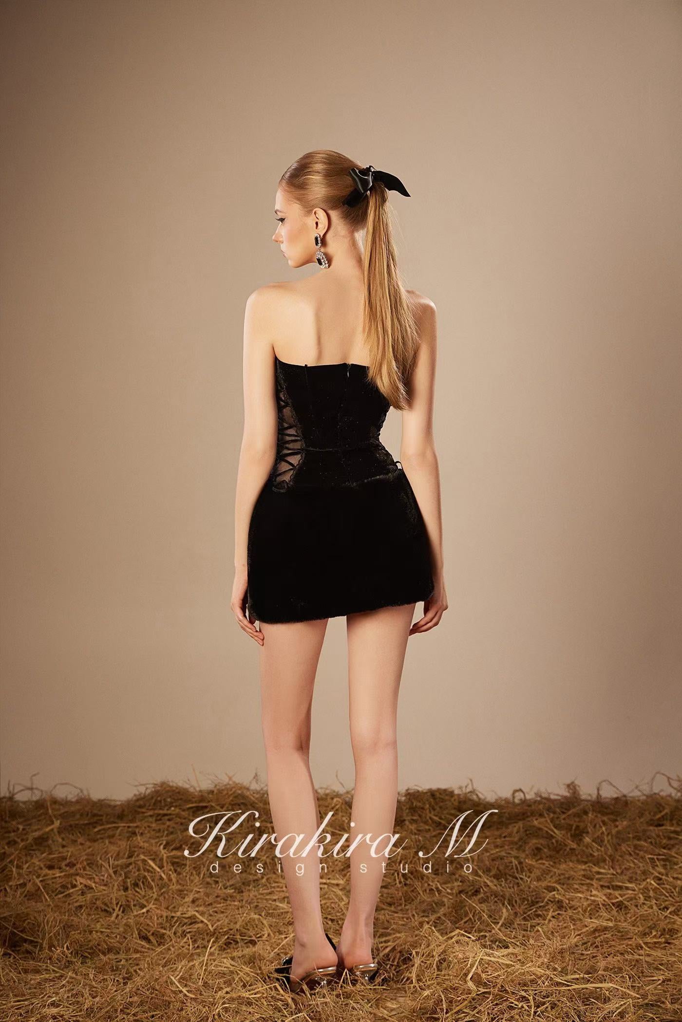 Kirakira.M K121145 &quot;Wonderlust&quot; Black velvet hairy strap dress