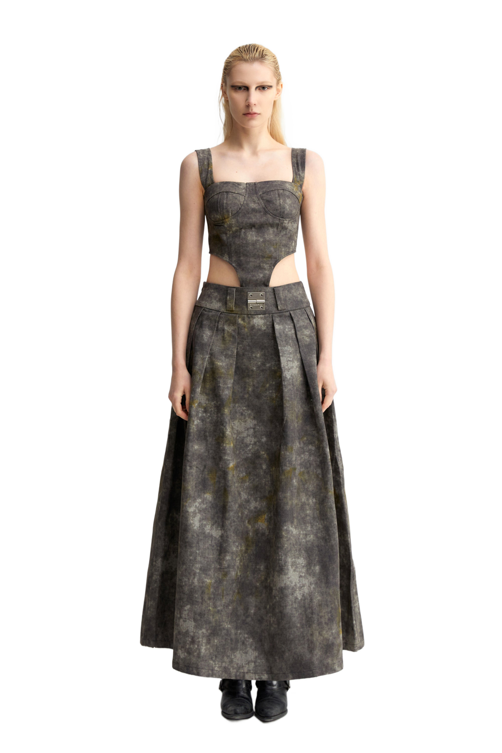 YJ1NGZYZJ  DENIM ACID-WASH LONG SKIRT IN GRAY