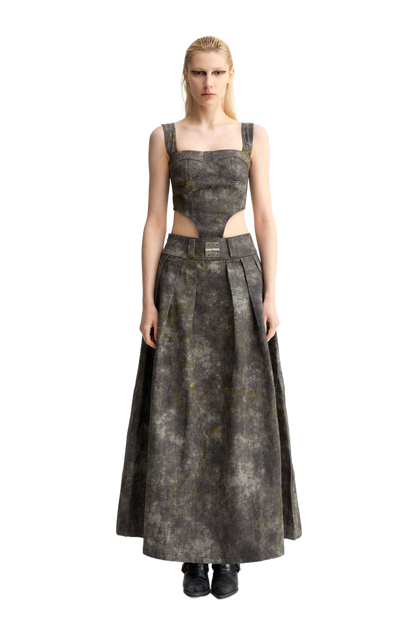 YJ1NGZYZJ  DENIM ACID-WASH LONG SKIRT IN GRAY