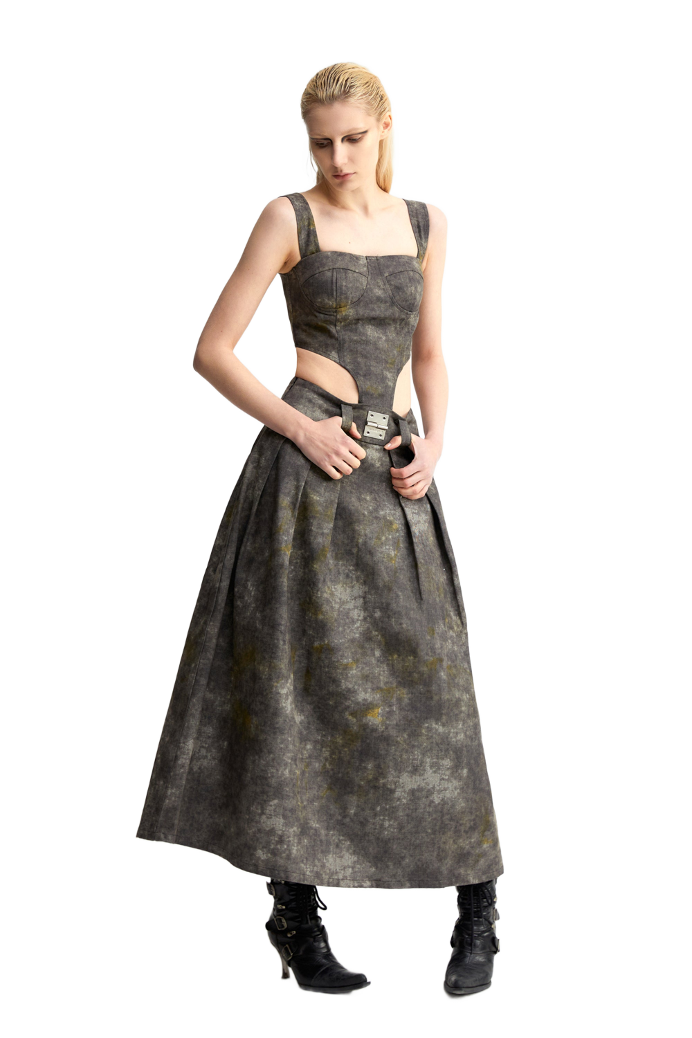 YJ1NGZYZJ  DENIM ACID-WASH LONG SKIRT IN GRAY