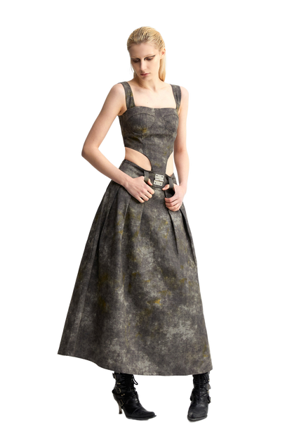 YJ1NGZYZJ  DENIM ACID-WASH LONG SKIRT IN GRAY