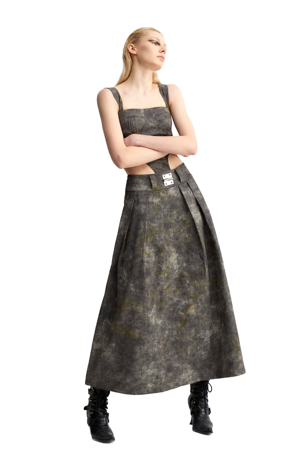 YJ1NGZYZJ Denim Acid-Wash Bustier Top In Gray