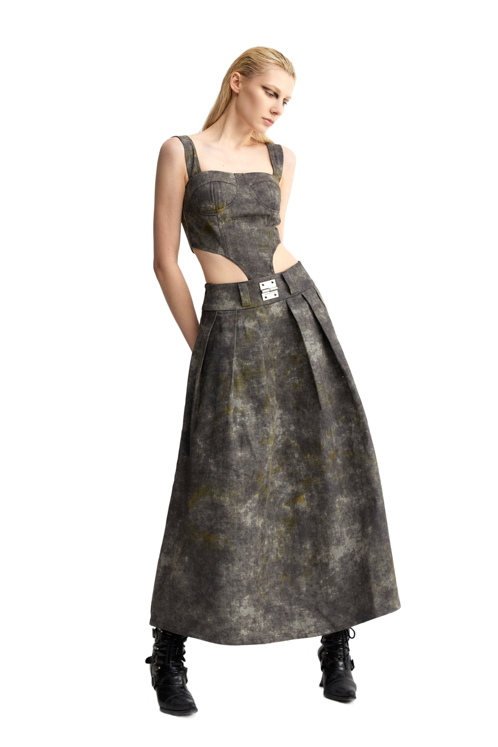 YJ1NGZYZJ Denim Acid-Wash Bustier Top In Gray