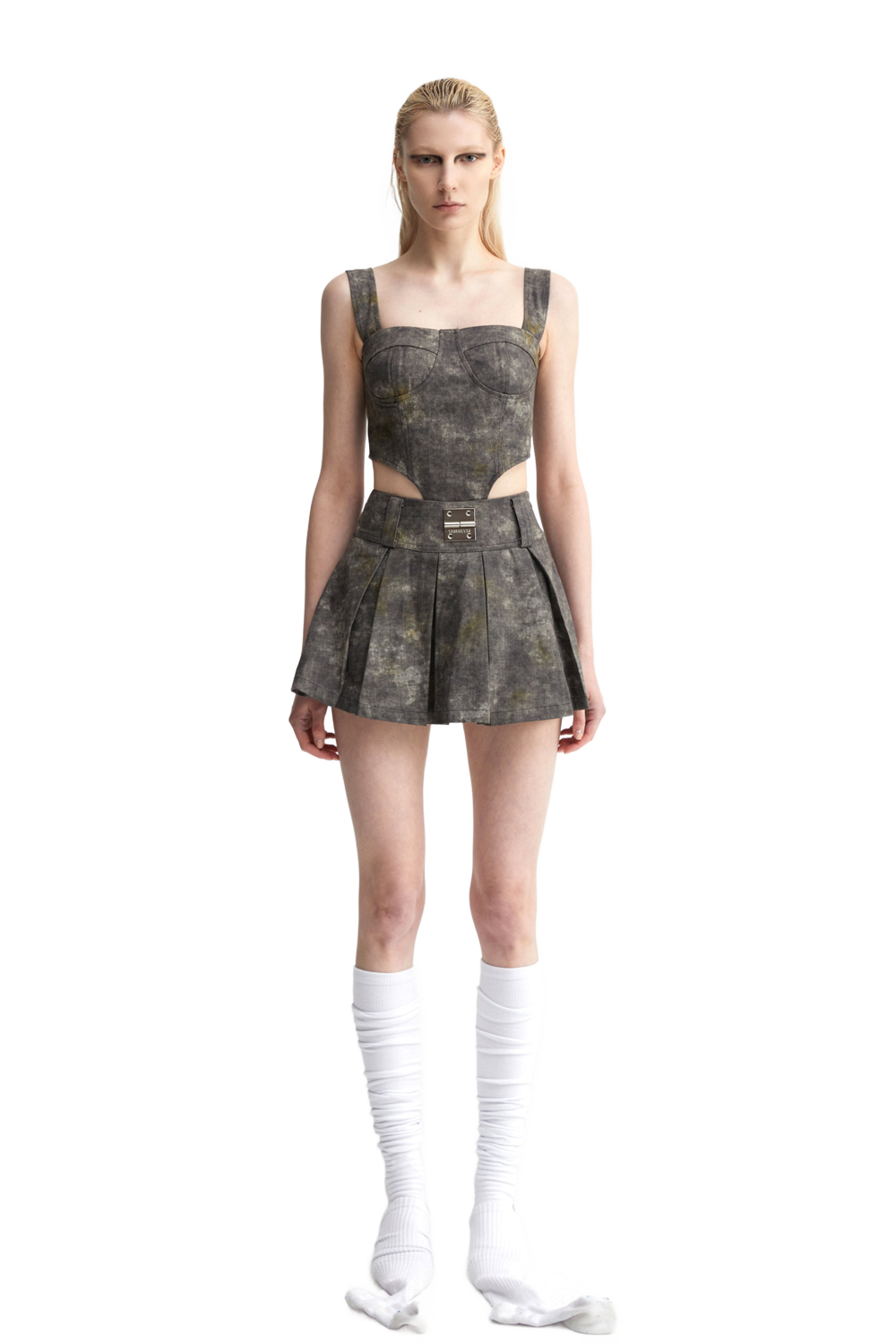 YJ1NGZYZJ Denim Acid-Wash Bustier Top In Gray