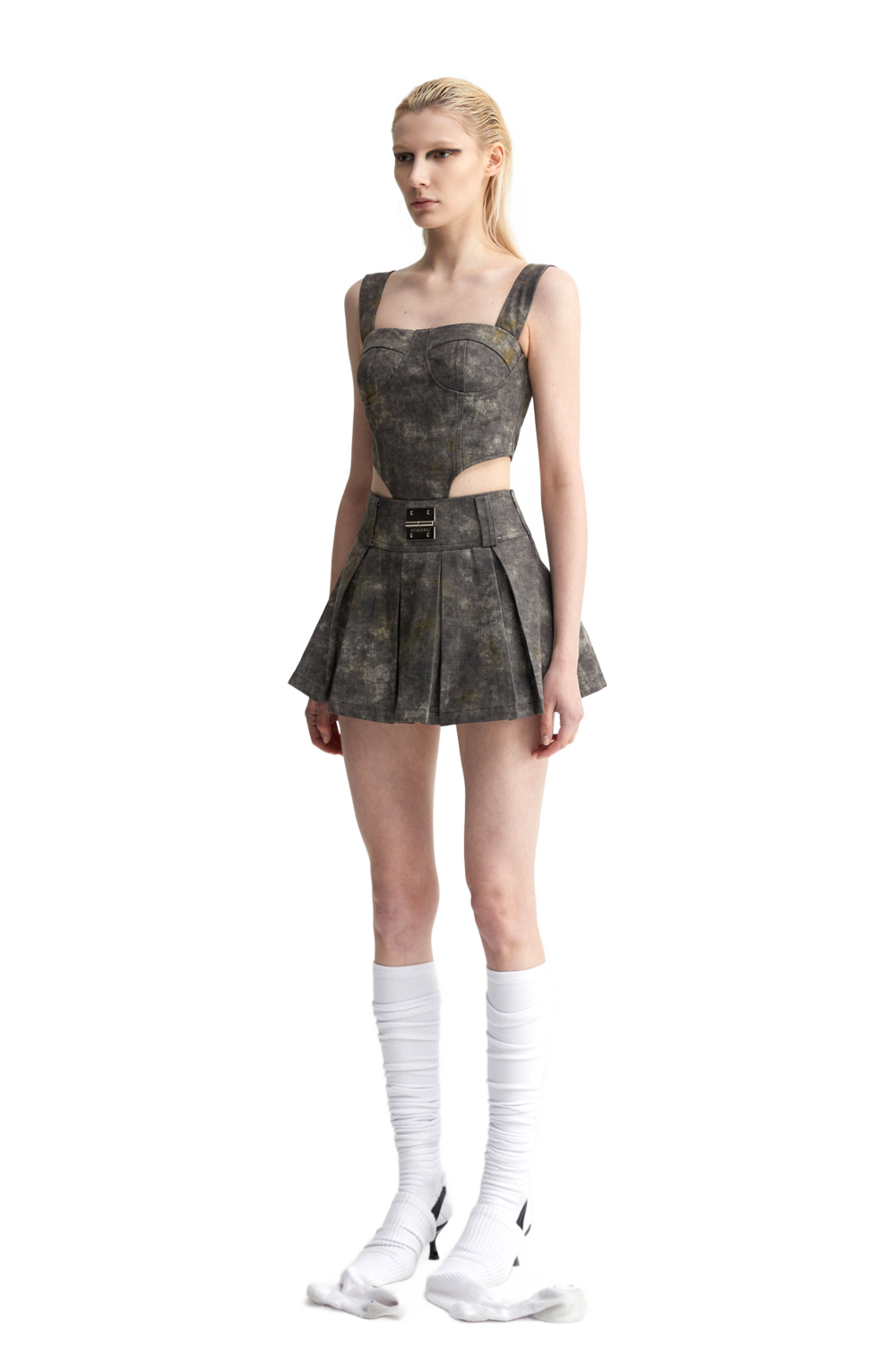 YJ1NGZYZJ Denim Acid-Wash Bustier Top In Gray