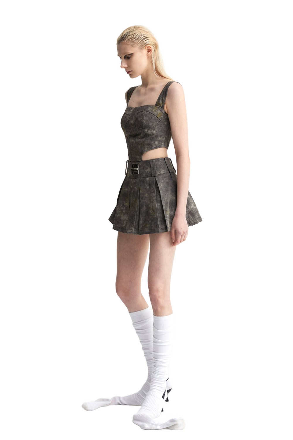 YJ1NGZYZJ Denim Acid-Wash Bustier Top In Gray