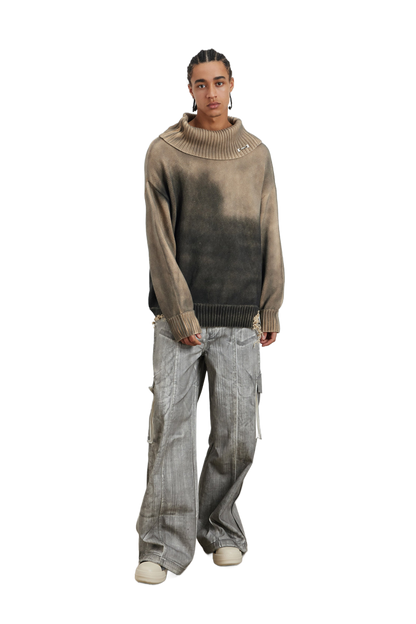 YJ1NGZYZJ Distressed Oversized Sweater In Dark Brown