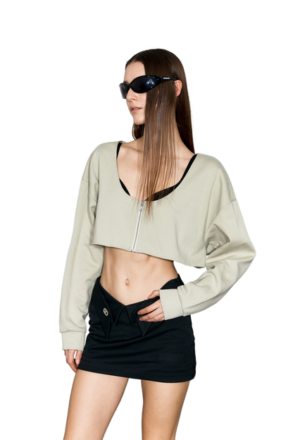 YJ1NGZYZJ Scoop-Neck Cropped Jacket In Grayish Green