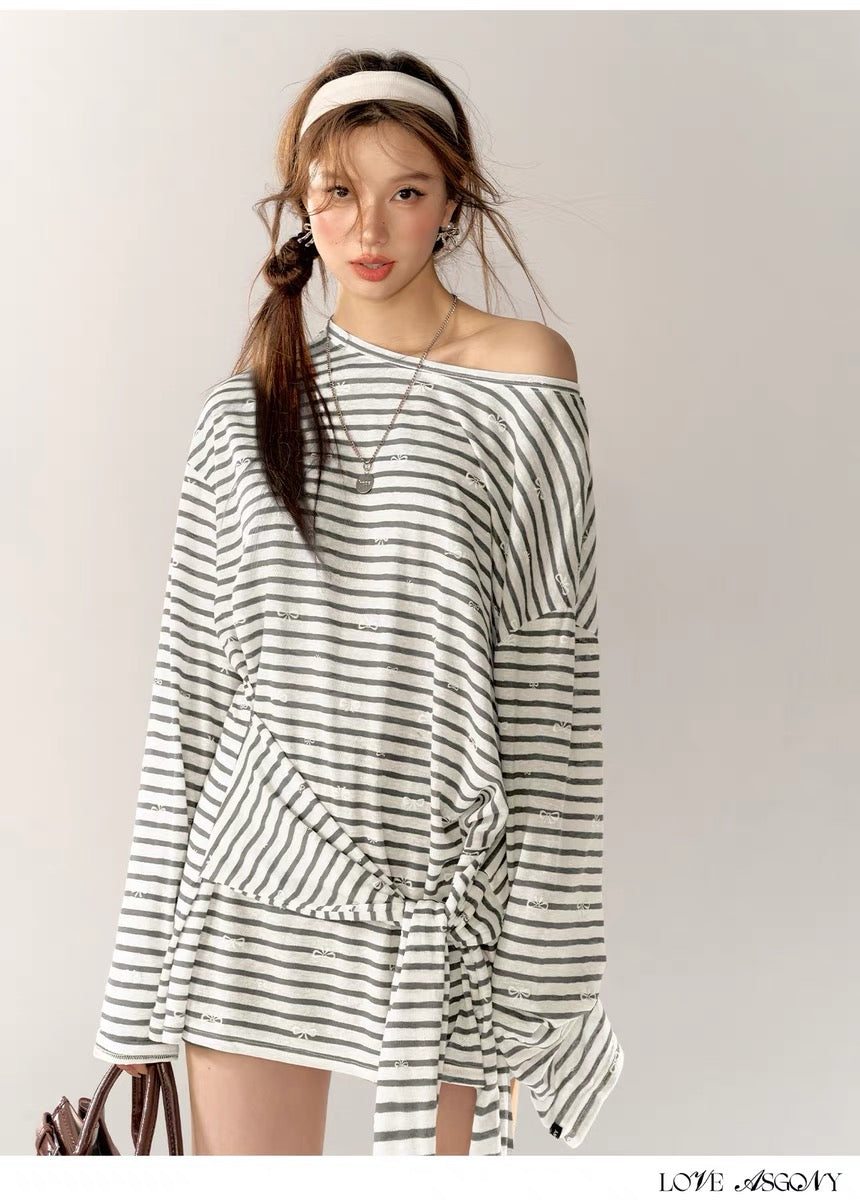 AsGony One-shoulder Stripe Dress(2color)