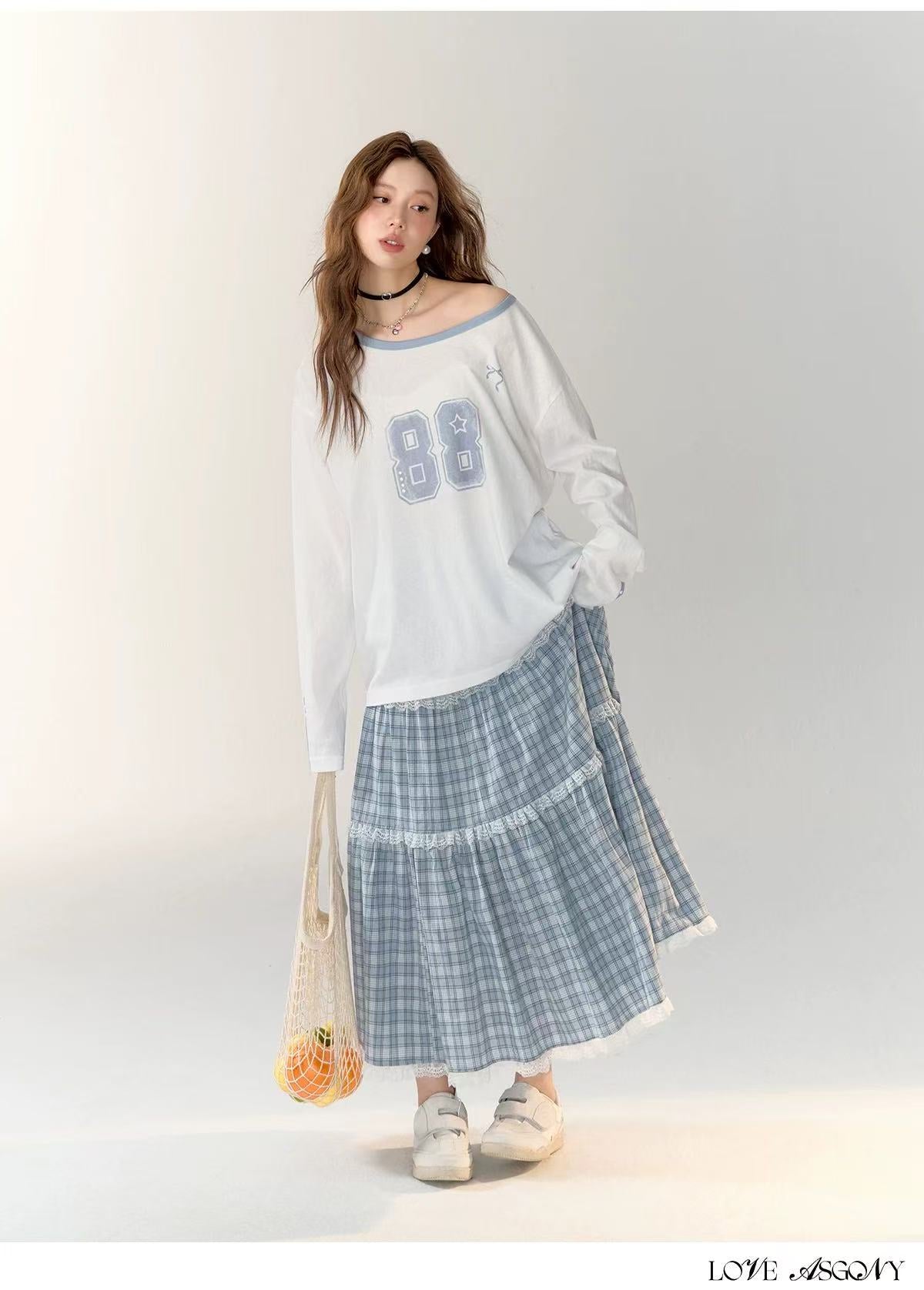 AsGony ASG24722 ASG24723 Slanted shoulder hoodie + Plaid skirt