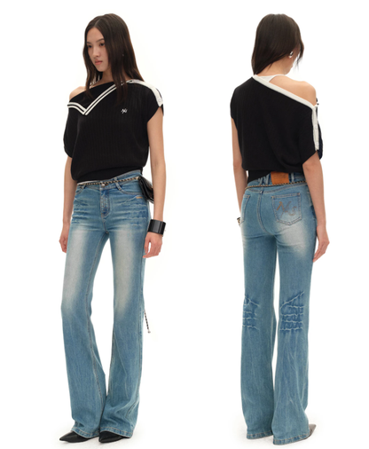 NAWS NAW-T074026 Contrast-Trim Asymmetric Off-Shoulder Striped Top