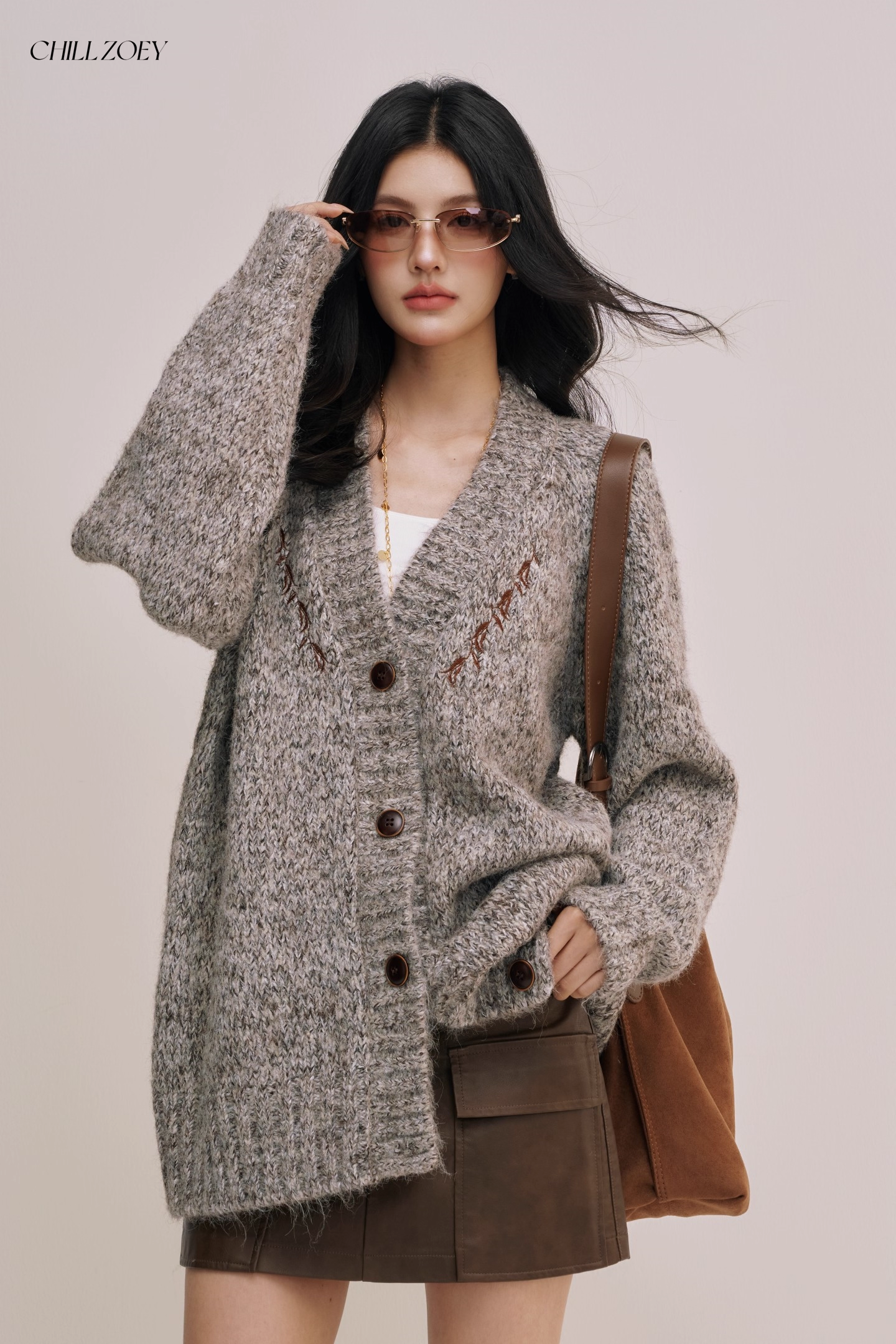 Chill Zoey M690309 Oversized Light Gray Marled Cardigan