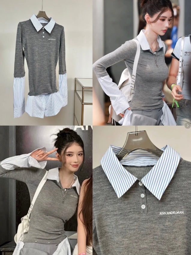 ANN ANDELMAN [Star Style] Splicing shirt fake two-piece pullover sweater