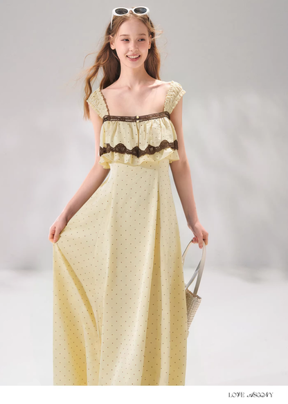 AsGony ASG26056 French lace patchwork camisole polka dot dress