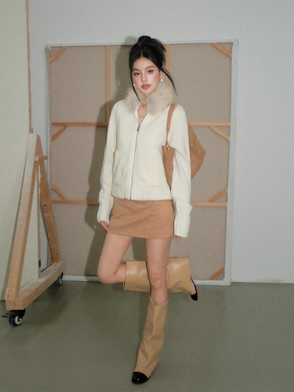 OLIVIA DUO DWT25423 Fur-Collar Top and Belted Brown Culottes Set