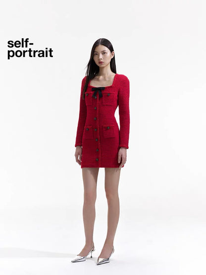 Self-Portrait RED KNIT BOW ROUND NECK MINI DRESS