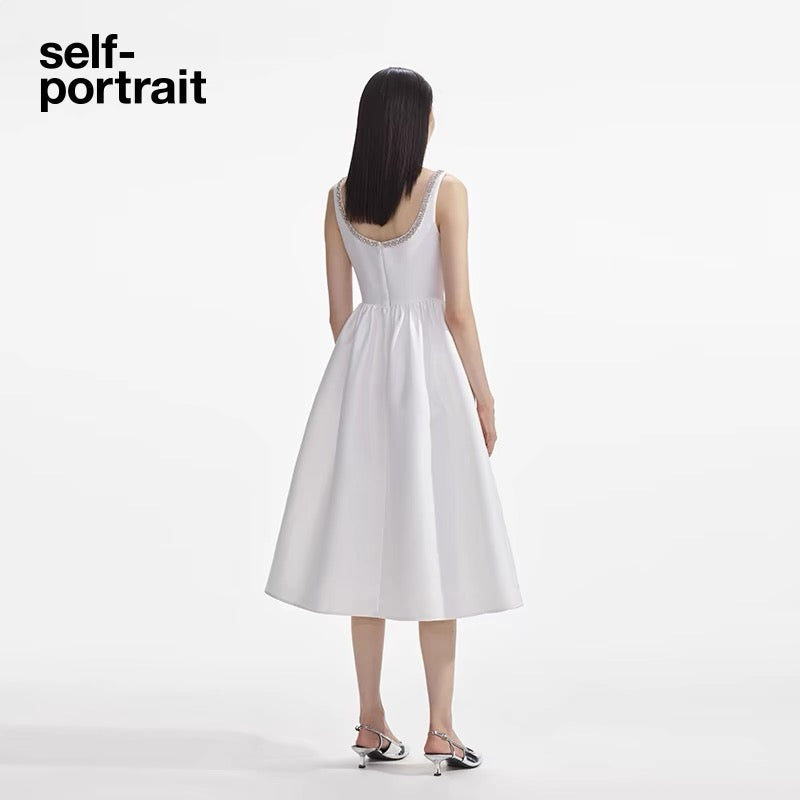 Self-Portrait WHITE TAFFETA DIAMANTE MIDI DRESS