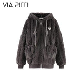 VIA PITTI SALE Brown Hoodie Winter Warm Coat