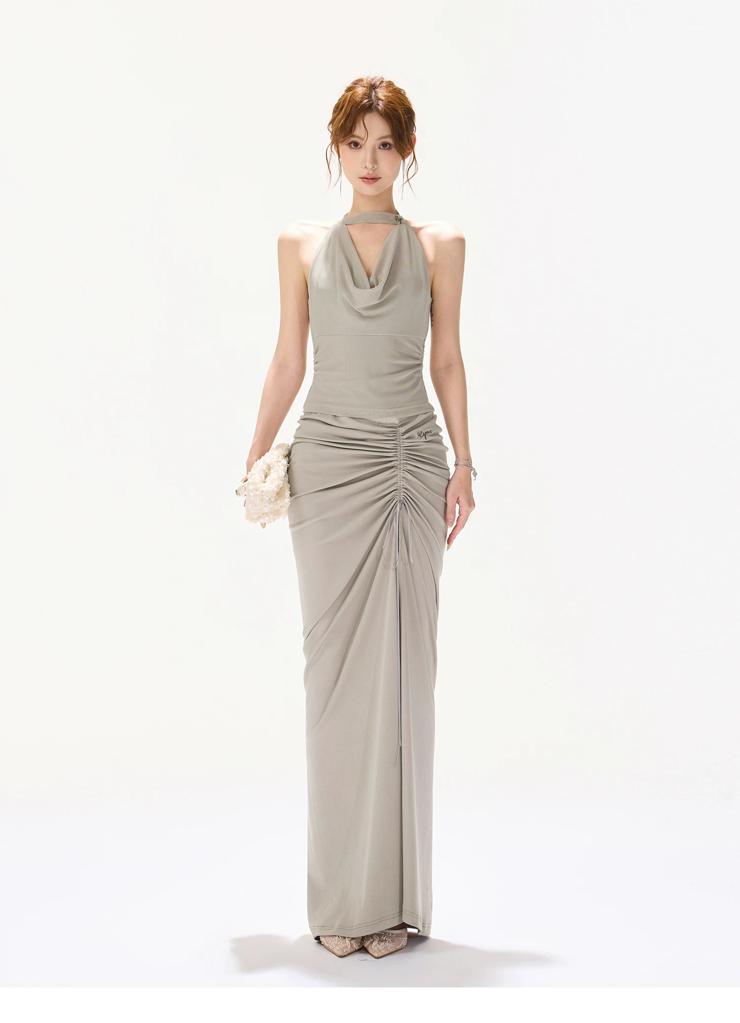 CYNR Sage Green Drawstring Mermaid Skirt &amp; Draped Top