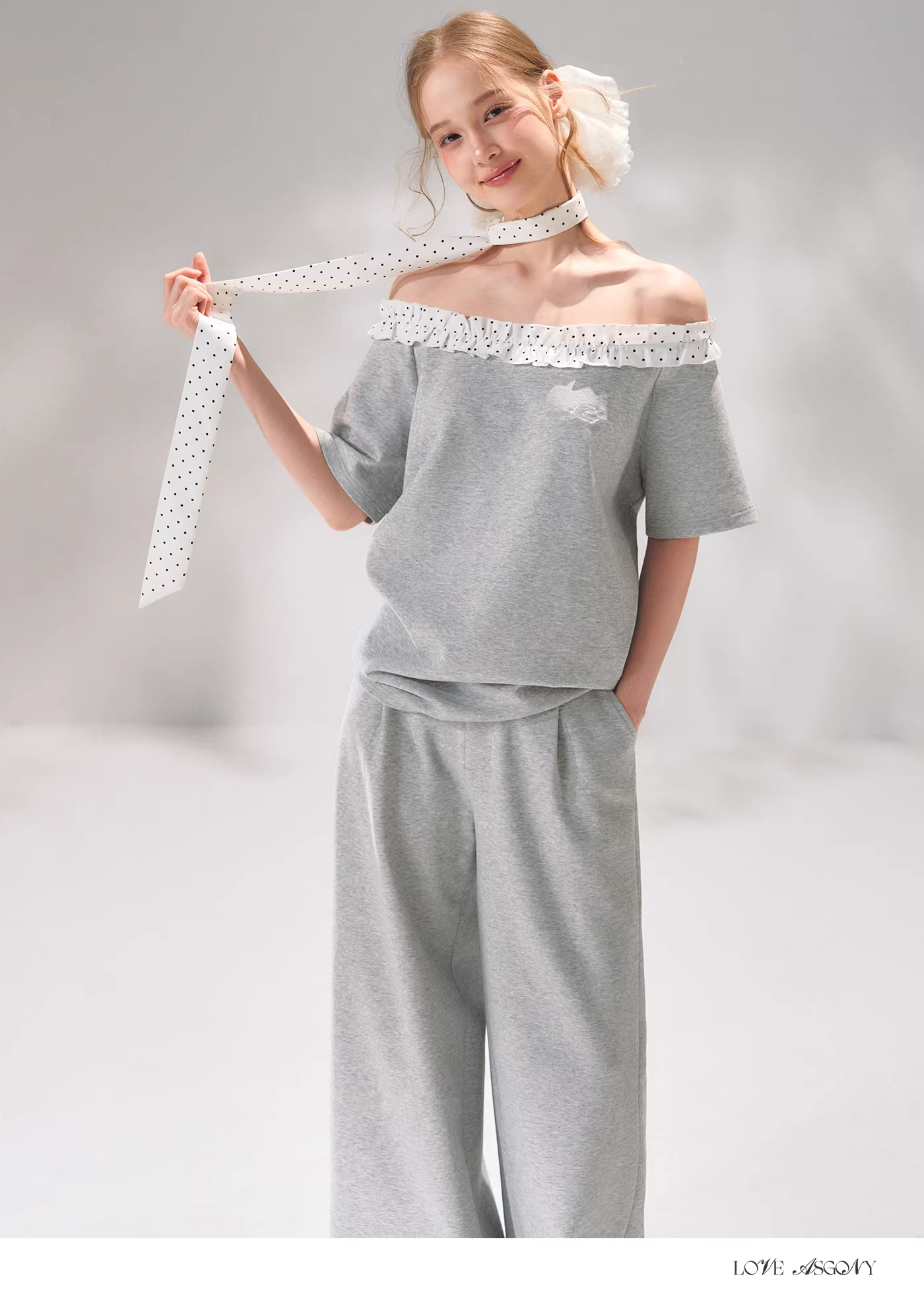 AsGony ASG26052&amp;ASG26053 Polka dot pleated T-shirt + pants set