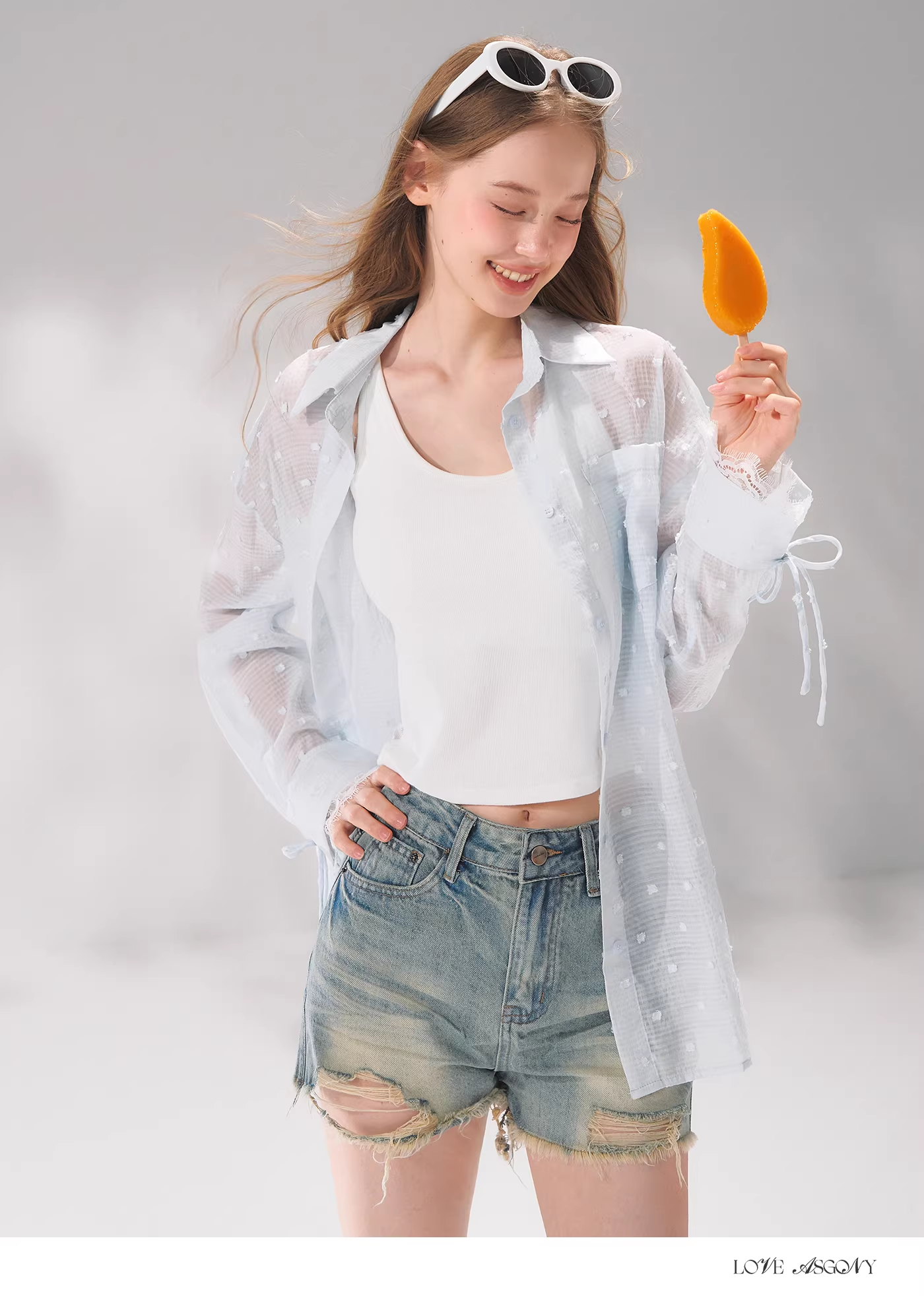 AsGony ASG26058 Polka dot jacquard lace patchwork shirt
