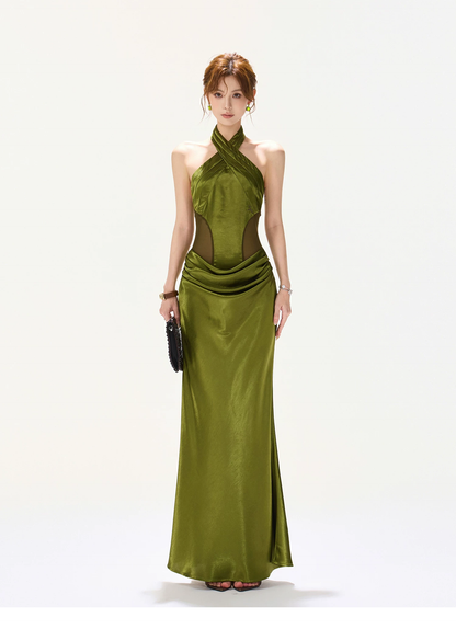 CYNR Satin Mesh Halter Fishtail Maxi Dress Slim Fit