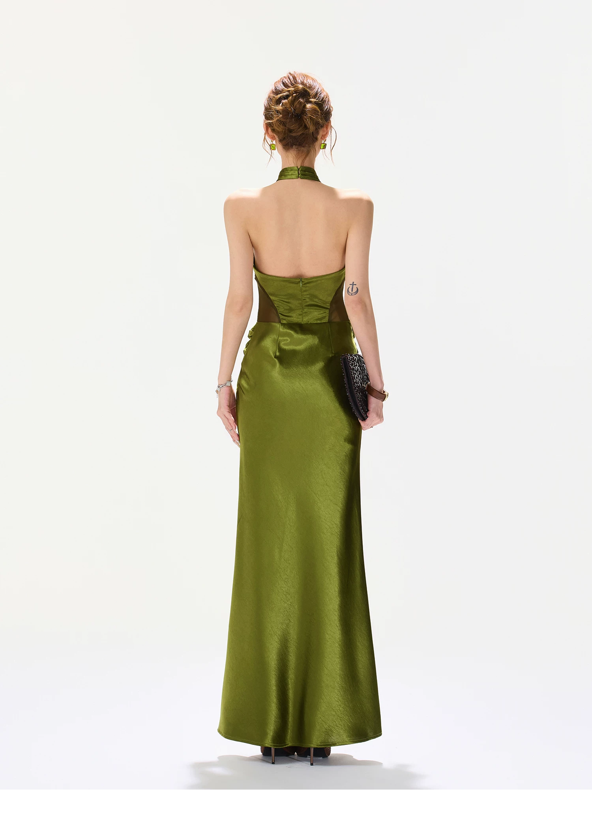 CYNR Satin Mesh Halter Fishtail Maxi Dress Slim Fit