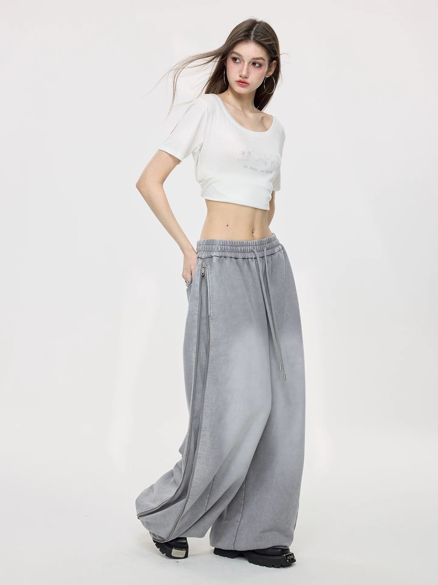 Nova Street Washed Grey Wide Leg Sweatpants