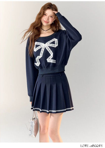 AsGony ASG24715 ASG24716 Preppy style slanted shoulder hoodie + skirt set