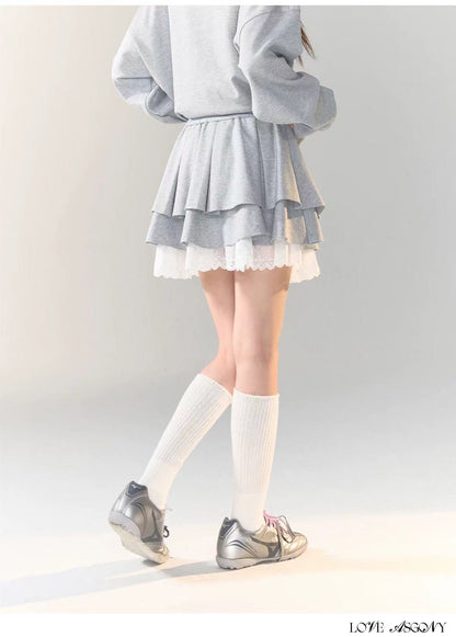 AsGony ASG24710 ASG24711 Preppy style hoodie + skirt set