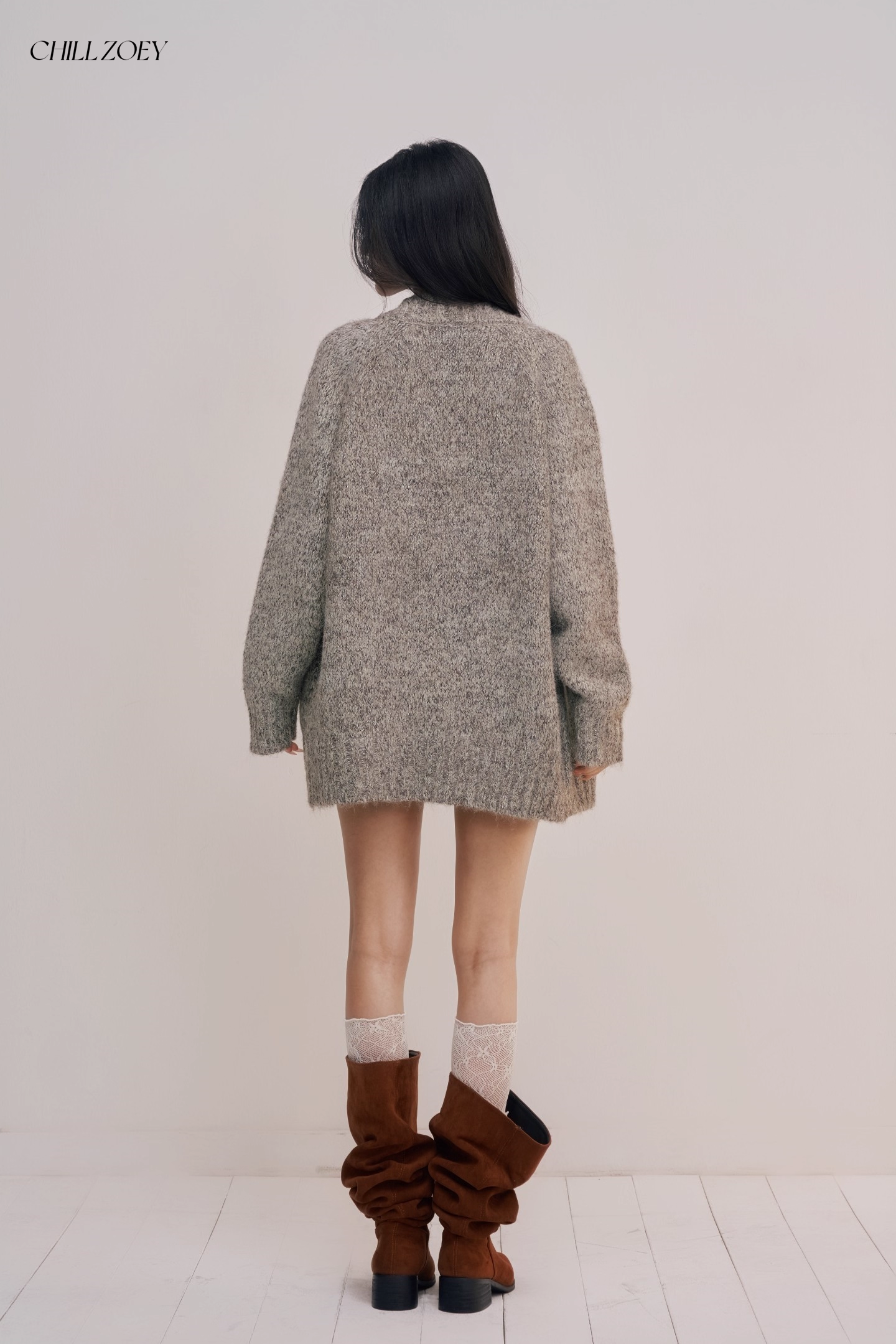 Chill Zoey M690309 Oversized Light Gray Marled Cardigan