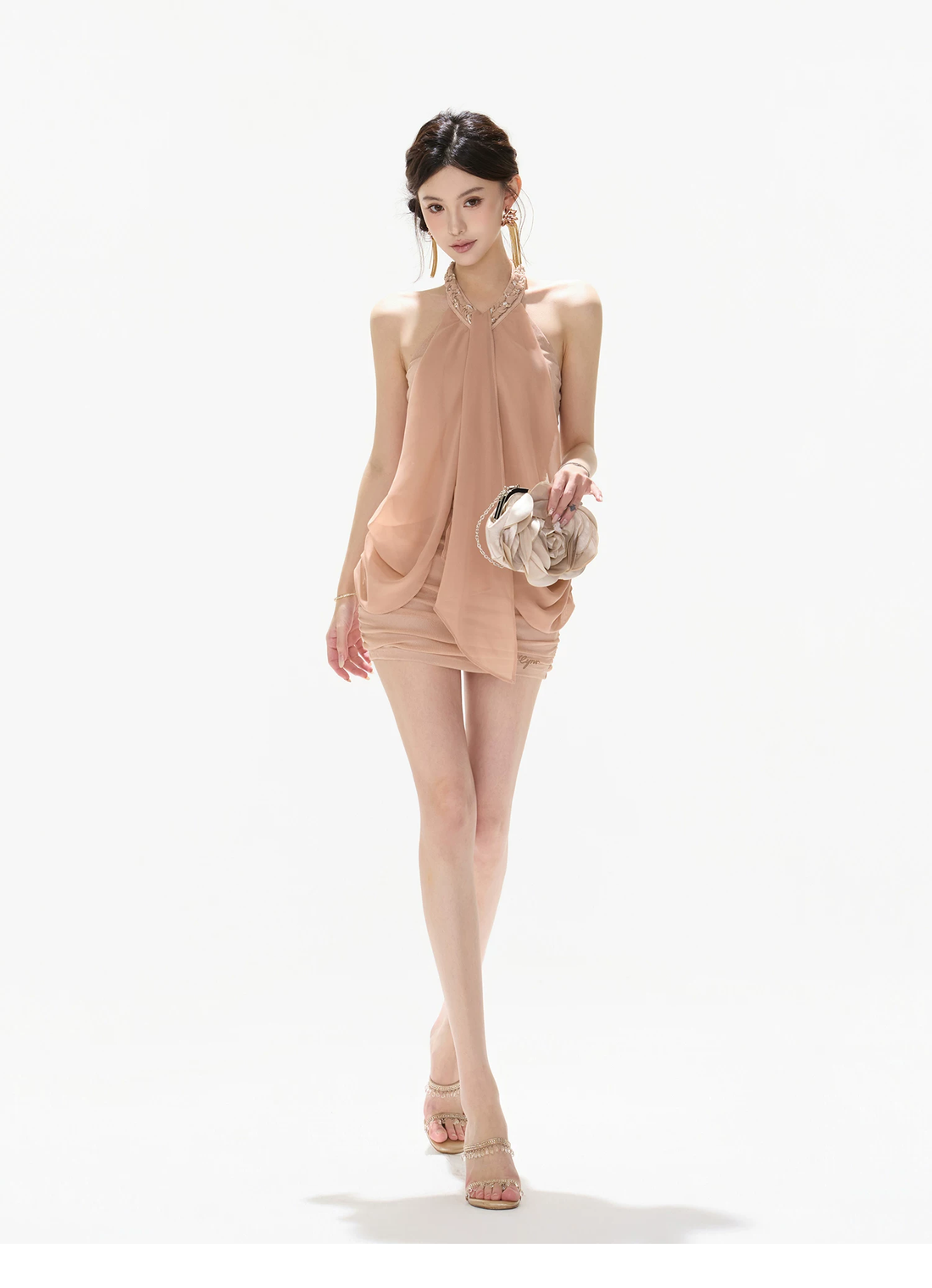 CYNR Chiffon Woven Halter Bodycon Dress