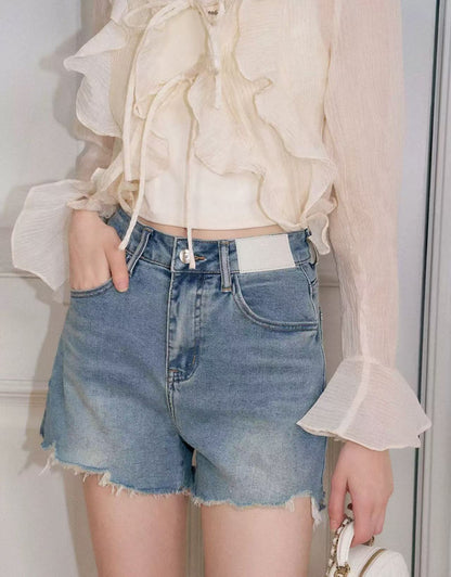 Kroche Embroidered high waisted denim shorts (2color)