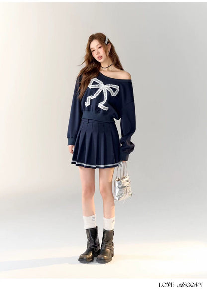 AsGony ASG24715 ASG24716 Preppy style slanted shoulder hoodie + skirt set