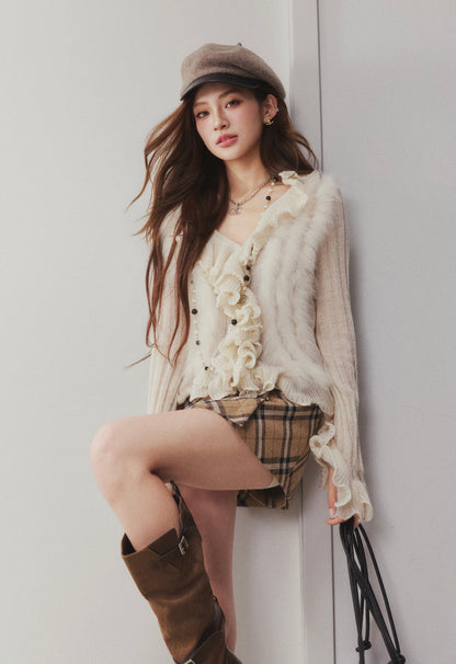 OTEBANBASS Ote260911 Ruffled Fox Fur Trim Knit Sweater