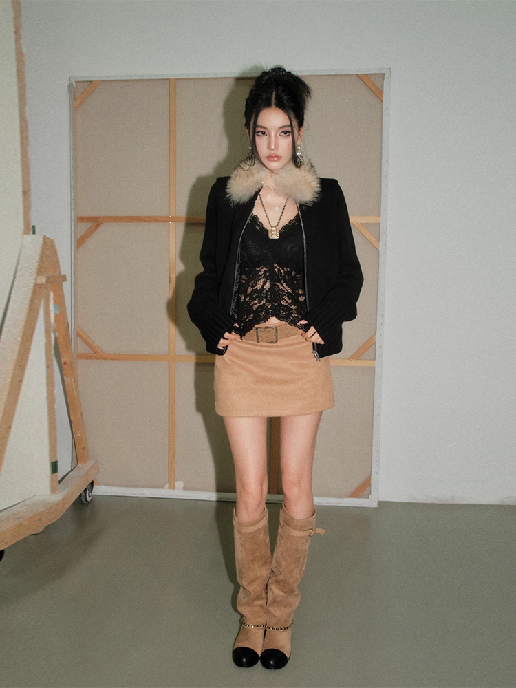 OLIVIA DUO DWT25423 Fur-Collar Top and Belted Brown Culottes Set