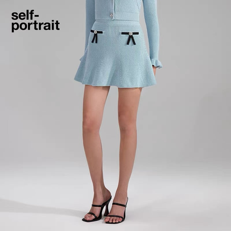 Self-Portrait BLUE KNIT BOW MINI SKIRT