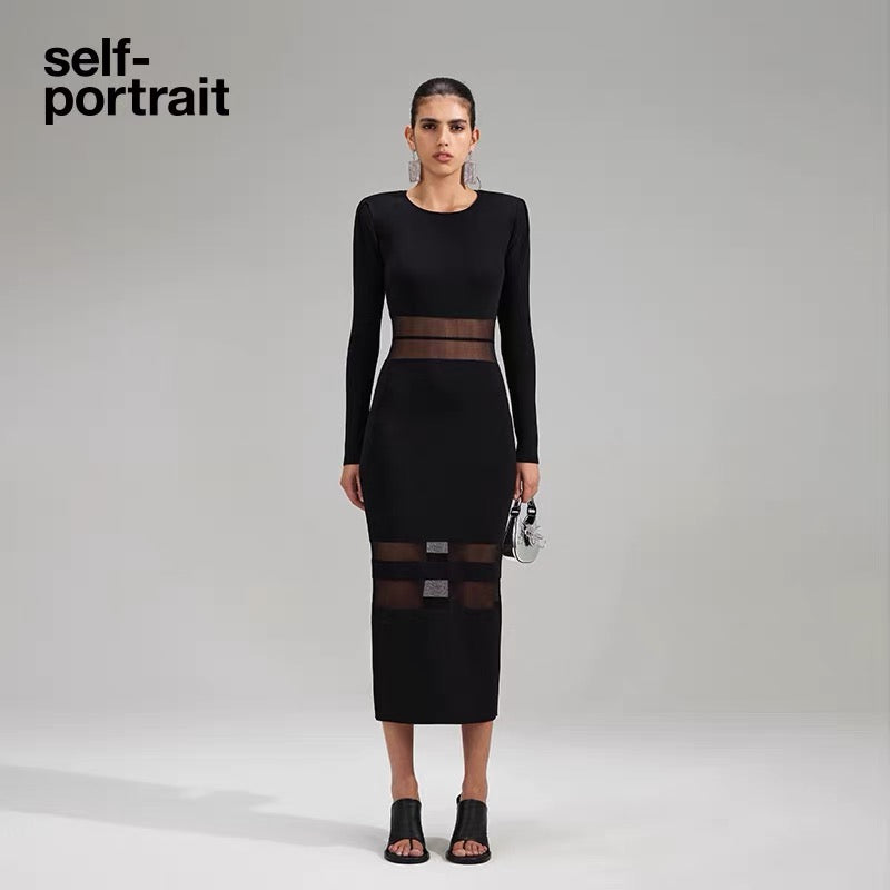 Self-Portrait BLACK KNIT STRIPED MIDI DRESS