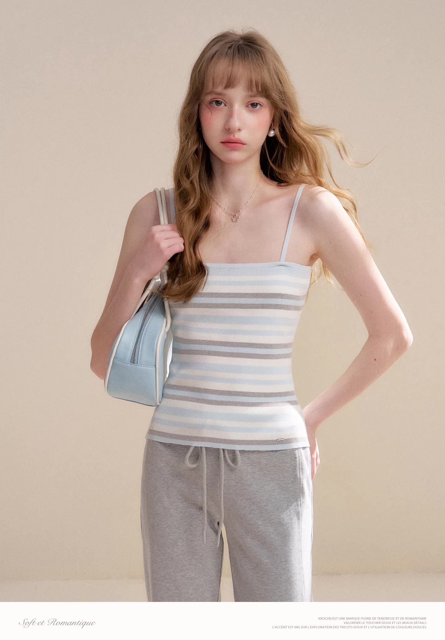 Kroche KZY2064 Long sleeved knitted cardigan + striped camisole