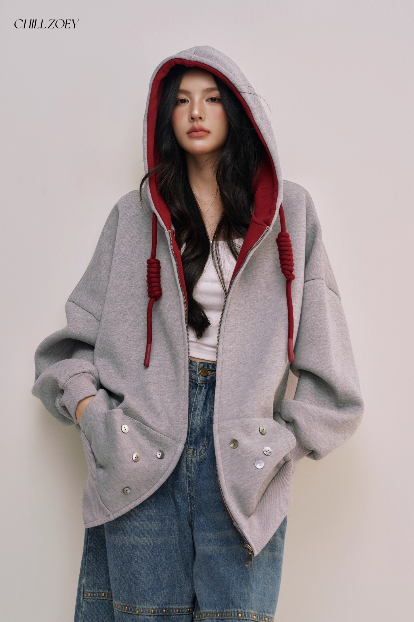 Chill Zoey M690292 Oversized Color-Block Hoodie in Red and Gray