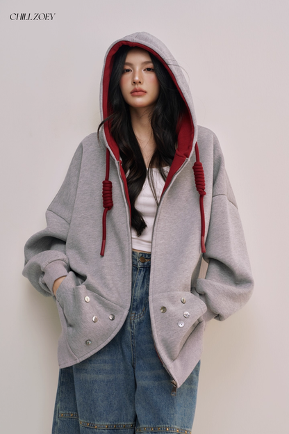 Chill Zoey M690292 Oversized Color-Block Hoodie in Red and Gray