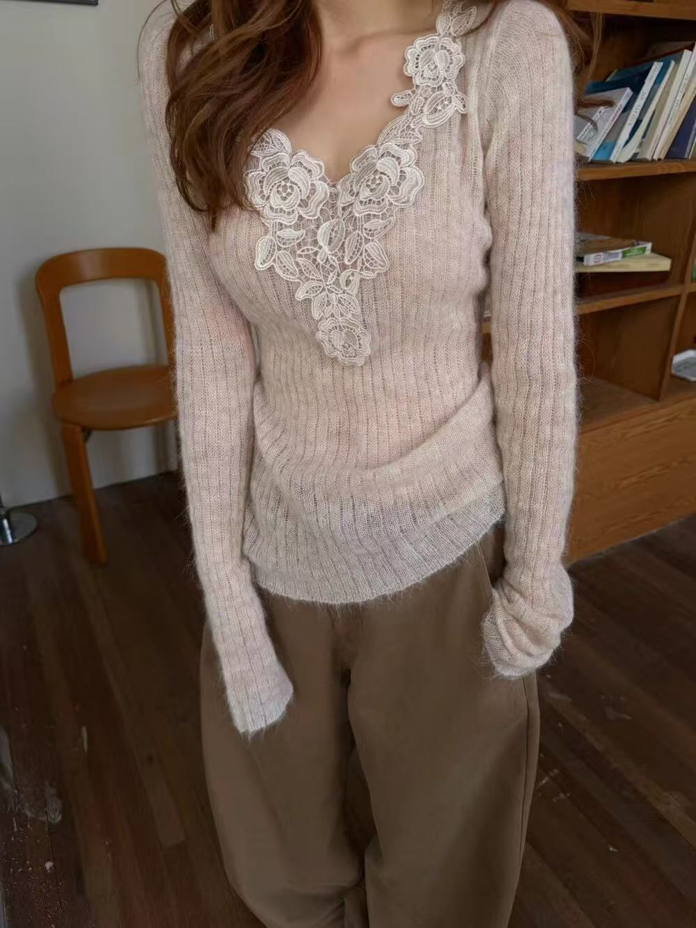 Plié Studio Soft Lace Knit Top(pink)